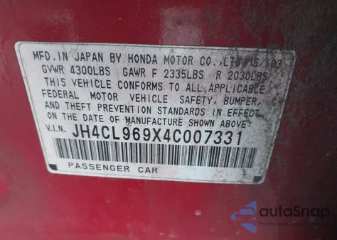 2004 Acura Tsx z USA, uszkodzony, nr VIN JH4CL969X4C007331